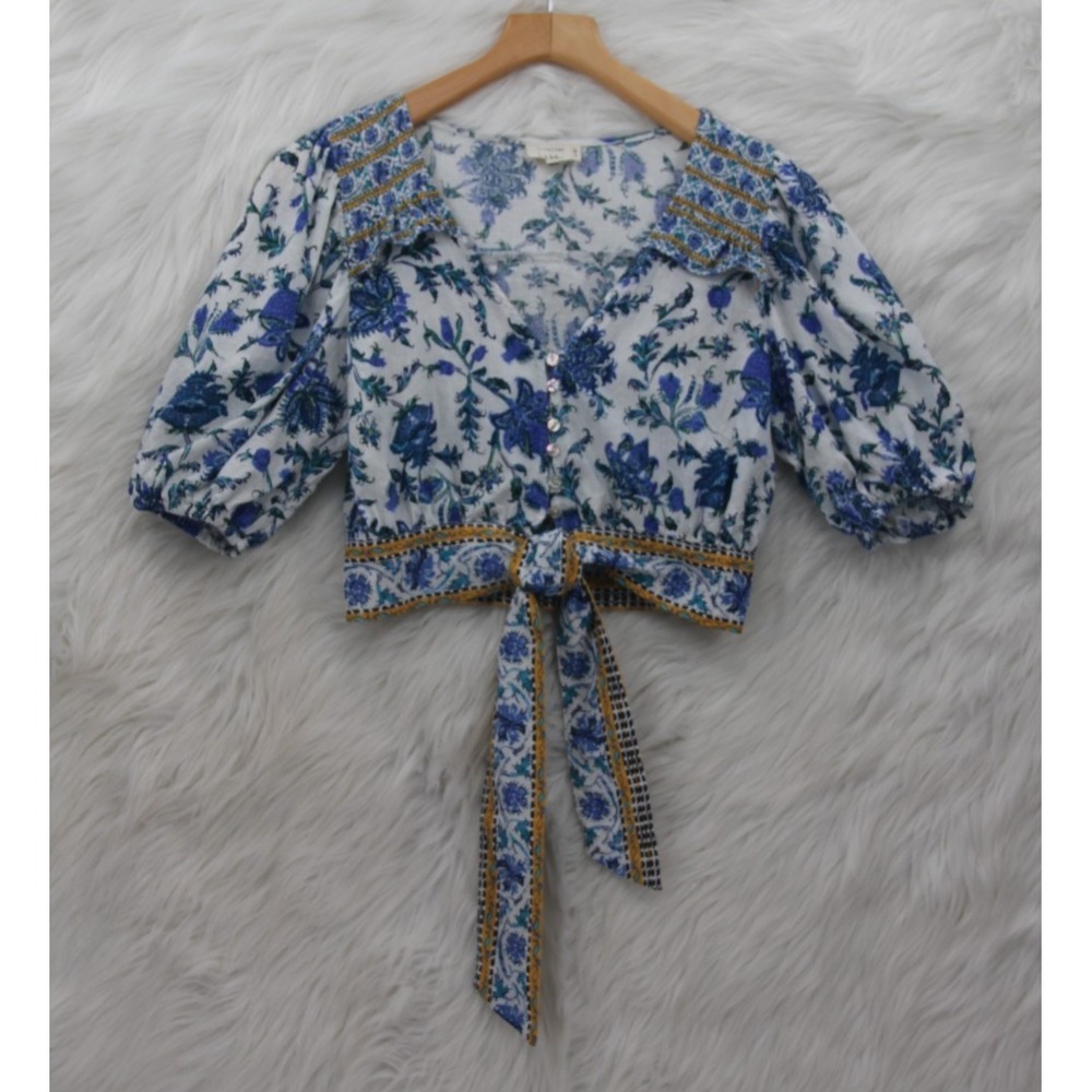 Artelier Nicole Miller Linen Bld XS Floral Cropped Top Cottagecore Boho Resort